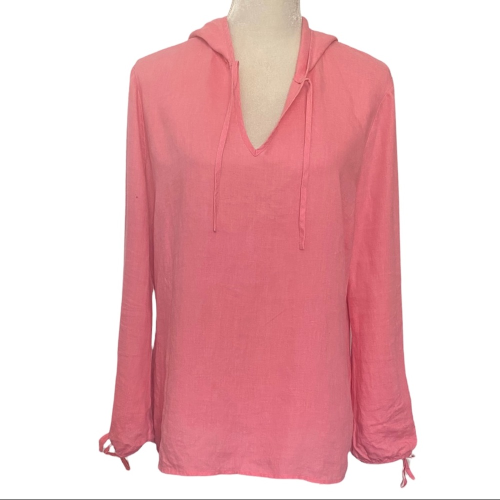 Mimi Maternity 100% Linen Coral Orange Tunic Maternity Top with Hoodie sz Medium